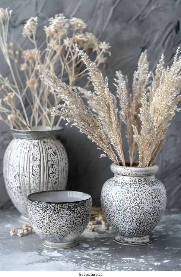 Grey Ceramic Vases with Dried Flowers and Bowl on Grey Background