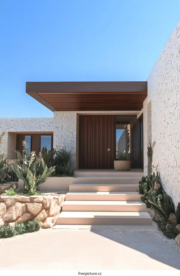 Modern House with White Stone Exterior and Wooden Door
