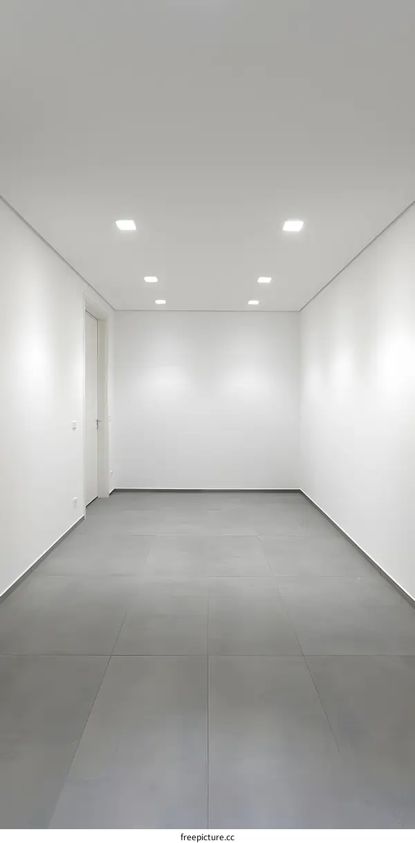 Empty White Room With Grey Tile Floor And Door