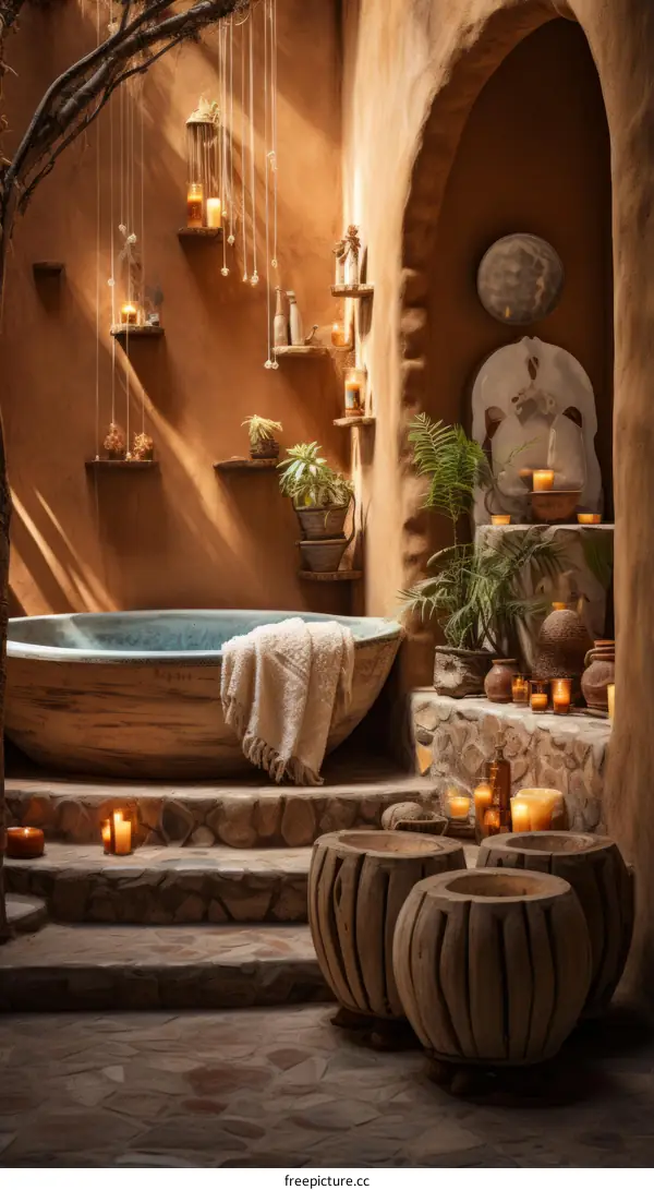Bathroom with Large Wooden Bathtub and Stone Walls