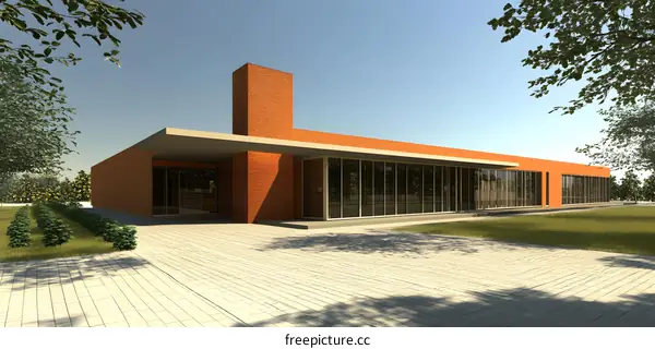 Modern Orange Brick House with Glass Windows and Green Grass