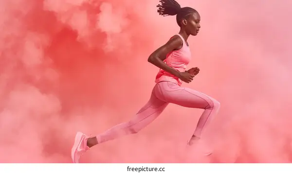 Black female runner in pink sportswear running in a cloud of pink smoke