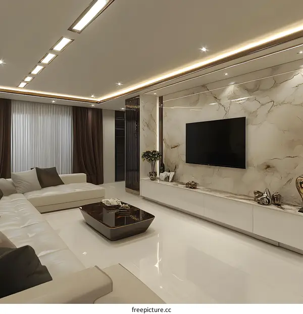 Modern Living Room Interior Design with White Sofa and Marble Wall