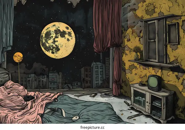 Night View From Messy Bedroom Window