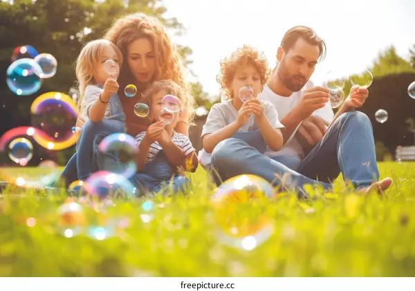 Happy family of four playing with bubbles in the park