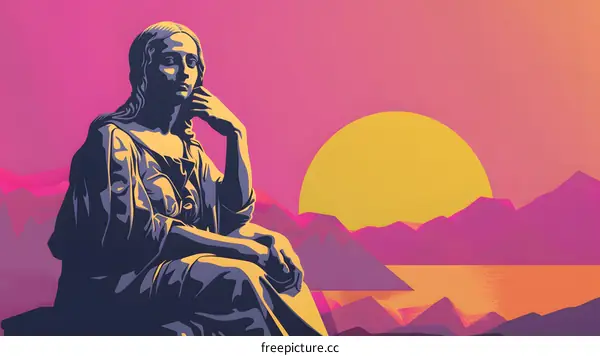 Woman Statue with Sunset Silhouette