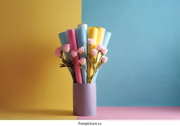 Colorful Paper Rolls and Pink Flowers Arrangement
