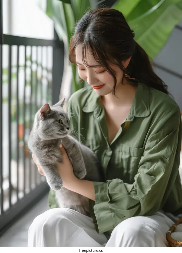 A young woman is sitting on a chair and holding a gray cat