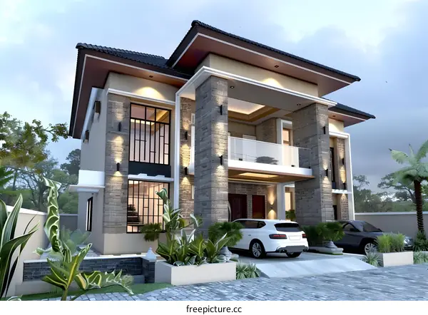 Modern House Exterior Design with Stone Facade and Balcony