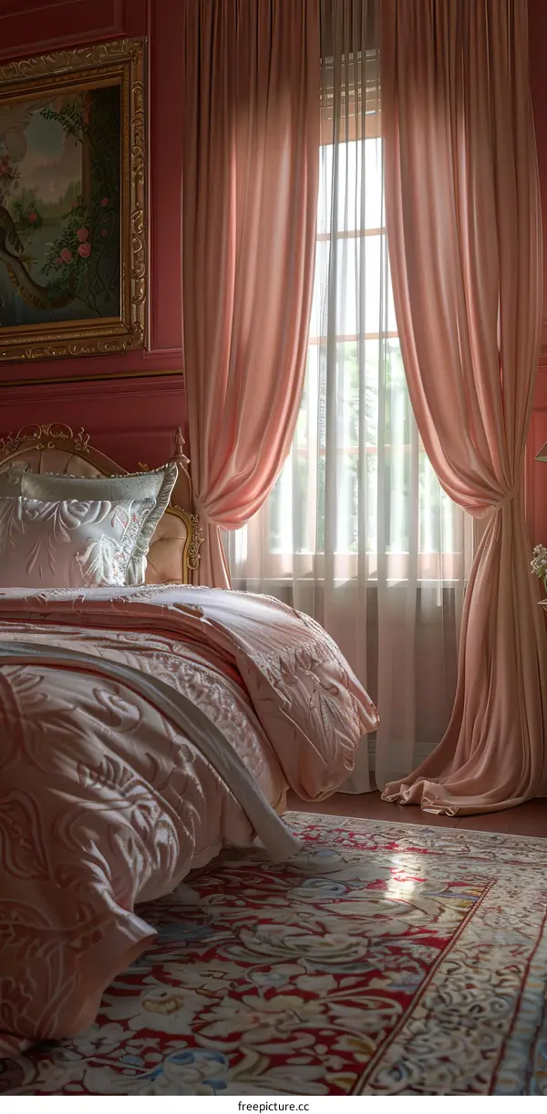 Pink bedroom interior with a large bed and a beautiful painting on the wall