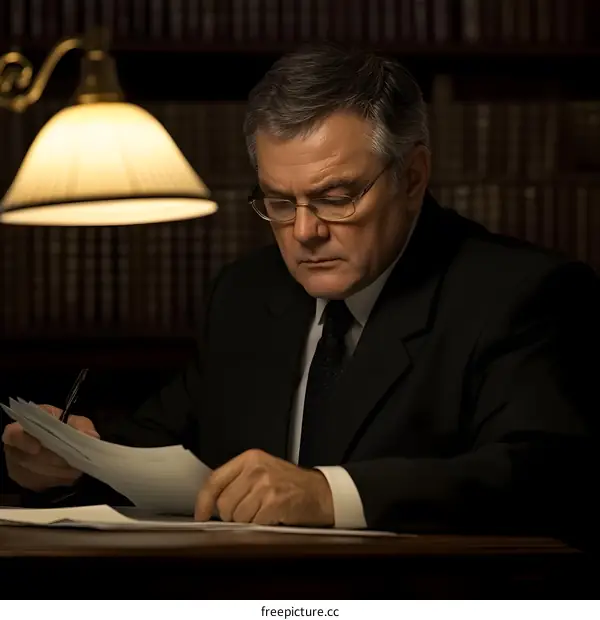 Businessman Reading Documents in Office at Night