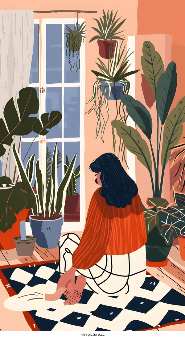 Woman Sitting Among Plants in a Room