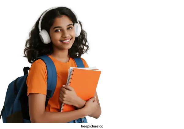 [Transparent Background PNG]Young student wearing headphones holding notebooks