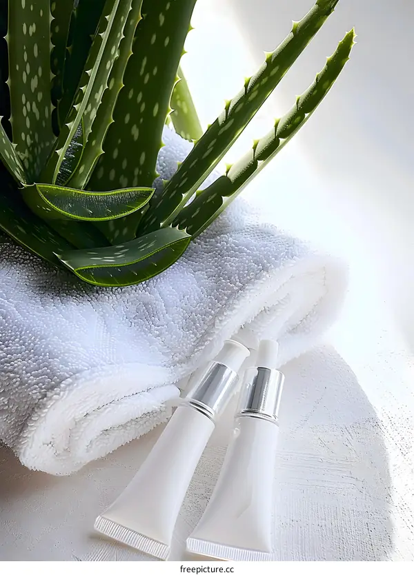 Aloe Vera Plant With White Towel And Skincare Products