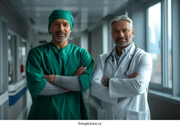 Two doctors in scrubs and a lab coat are standing in a hospital hallway.