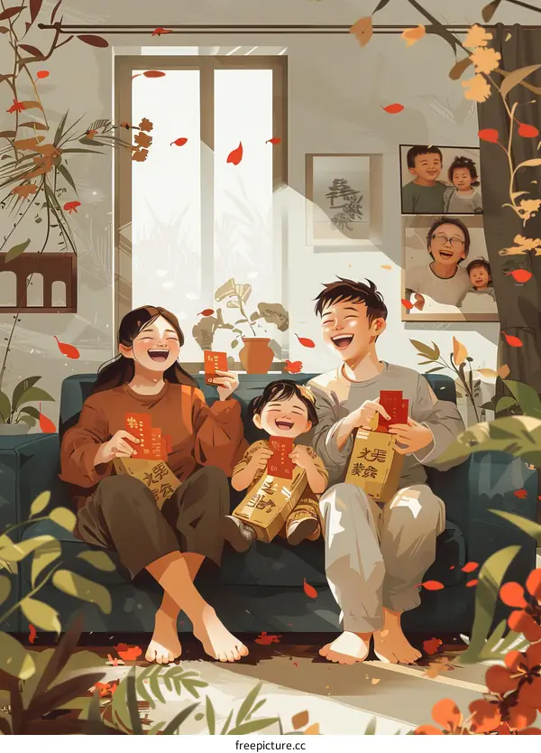 A family of three is sitting on the couch and celebrating Chinese New Year