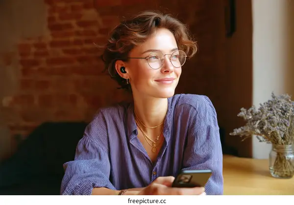 Young Woman Using Wireless Earbuds and Smartphone in Cafe