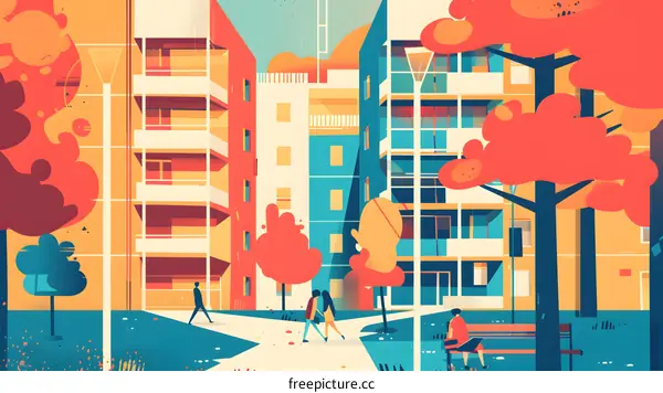 Colorful Illustration of People Walking in a City Park