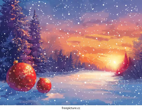 Christmas Village Illustration in Snowy Winter Wonderland