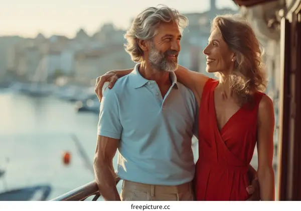 Happy retired couple enjoying the sunset on a cruise