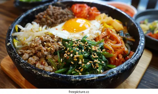 Korean-style dolsot bibimbap with egg and vegetables