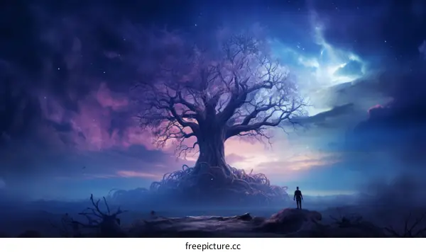 Man Alone in Front of Giant Tree with Strange Purple Sky