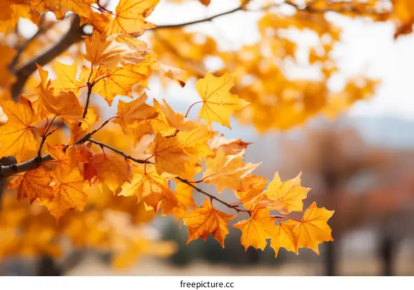 Close-up of yellow maple leaves in autumn