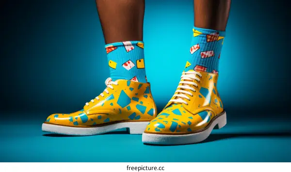 A person wearing blue socks with yellow shoes