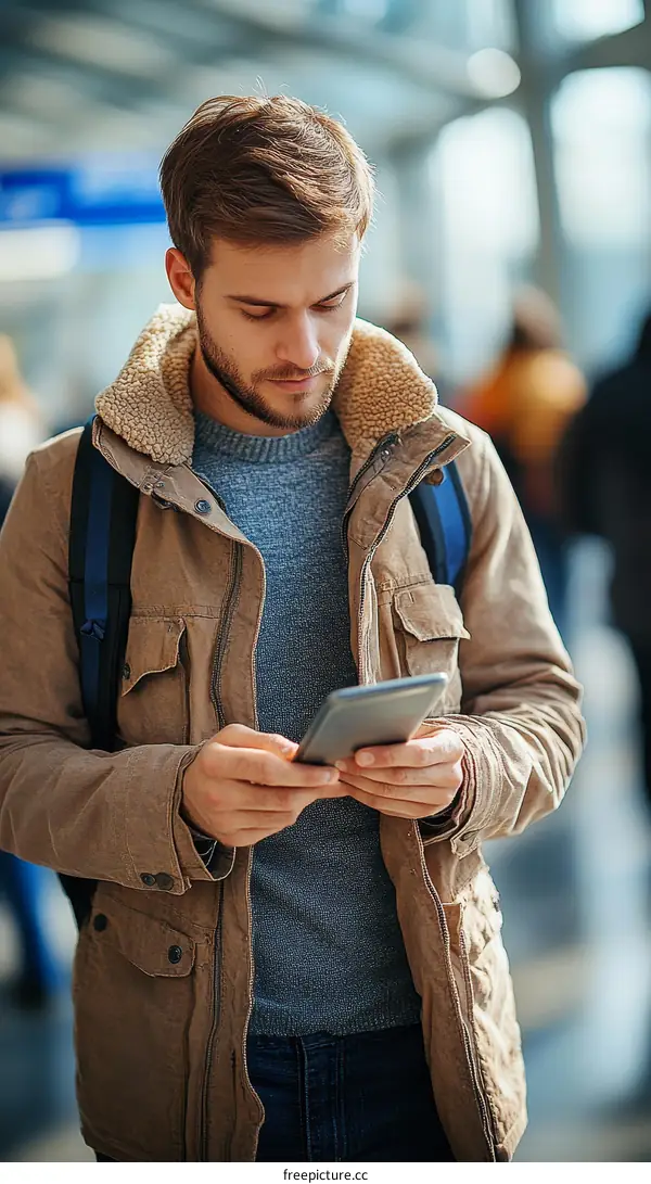 Young Man Using Smartphone in a Modern Station
