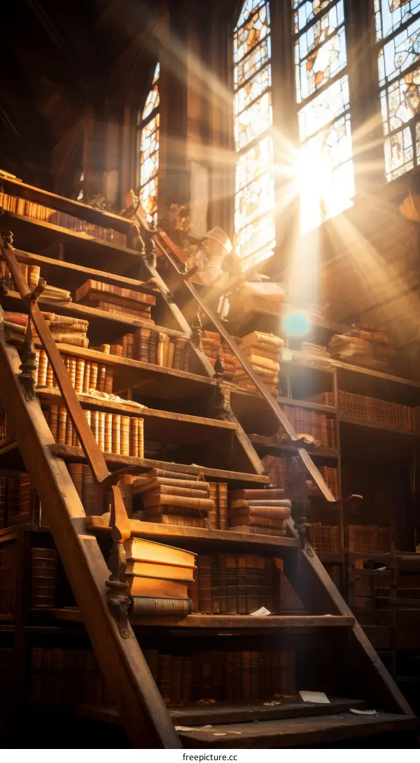 Sunlight shining through a stained glass window in a library