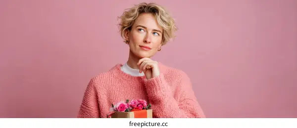 Thoughtful Woman Holding a Gift Box Against a Pink Background
