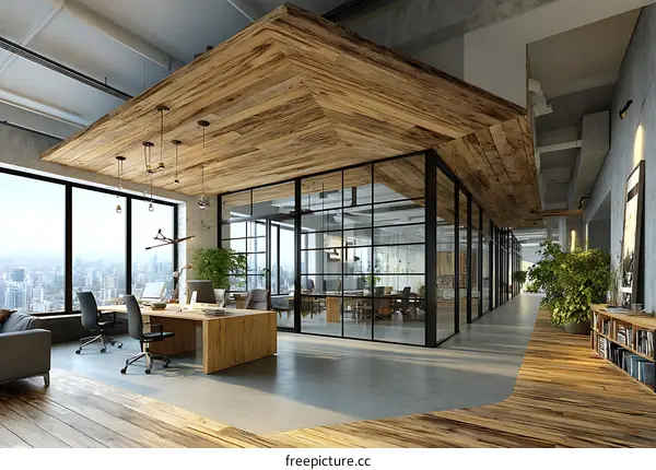 Modern Open-Plan Office Space with Wooden Accents