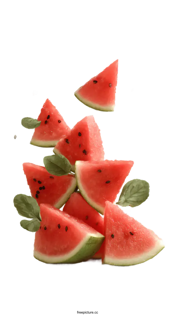 [Transparent Background PNG]Slices of Watermelon with Flying Leaves