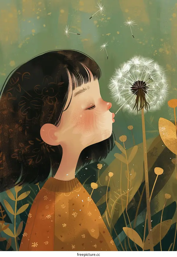 Little Girl Blowing on Dandelion Seeds