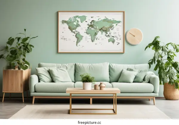 A living room with a green sofa, plants, and a world map on the wall