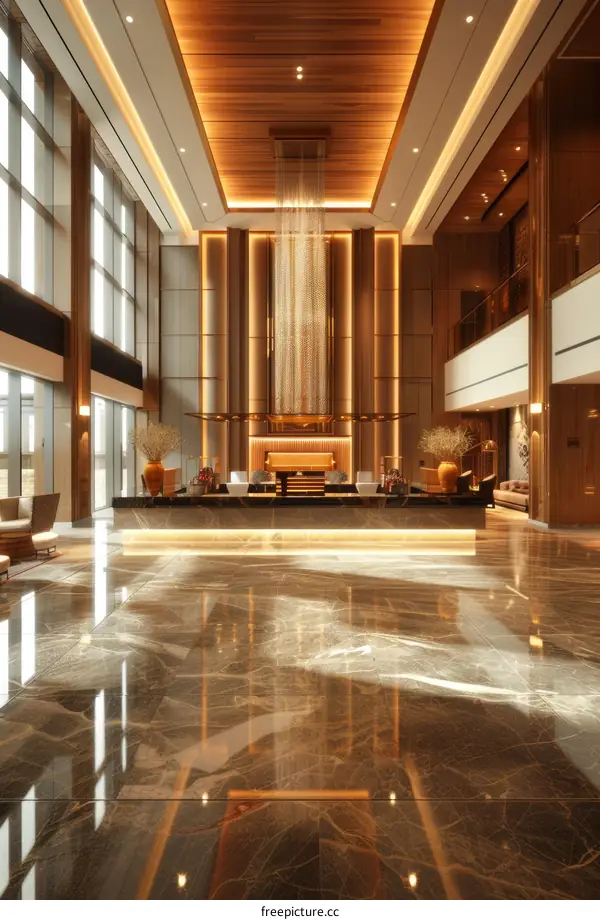 Modern Luxury Hotel Lobby with Waterfall Feature