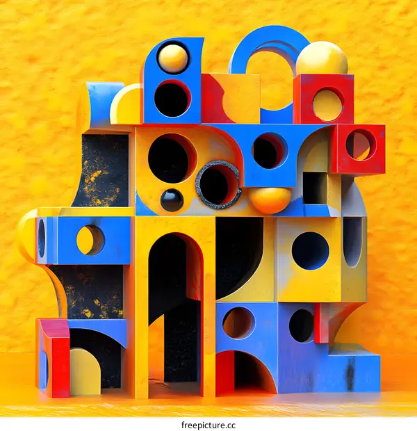 Abstract 3D Illustration of a Building Constructed from Colorful Geometric Shapes