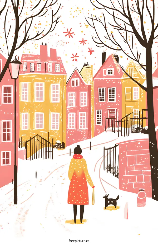 Winter Illustration Of A Woman Walking Her Dog In A Snowy Street