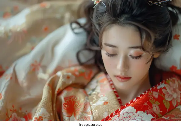 Portrait of a beautiful Asian woman in traditional Japanese kimono