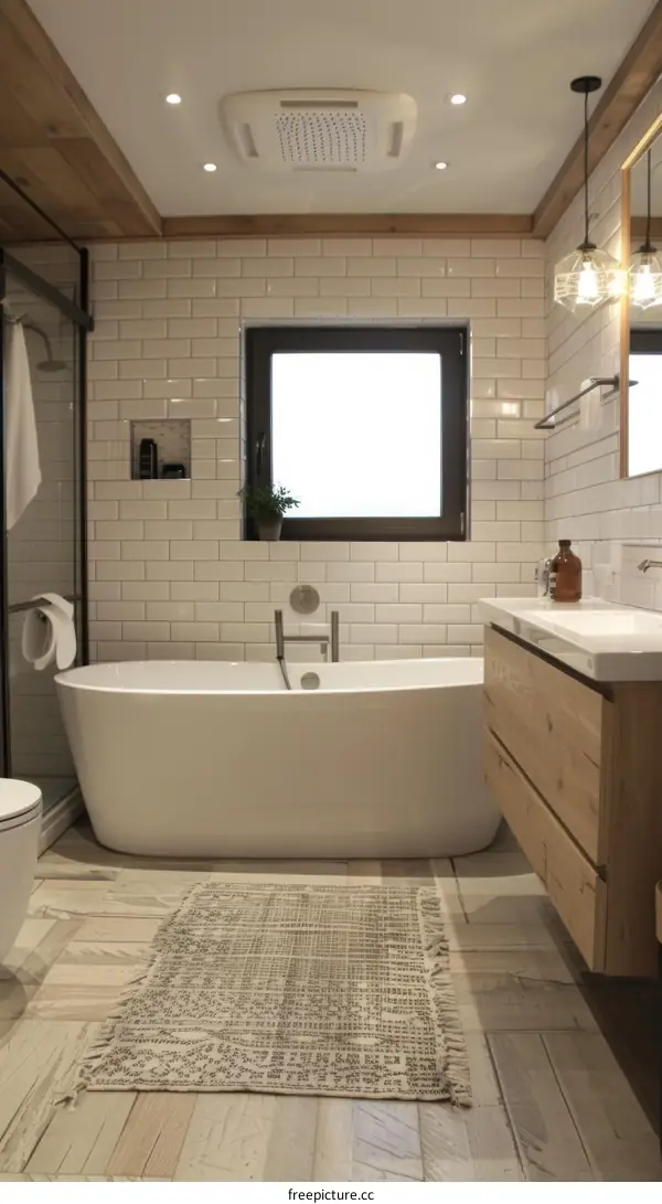 Scandinavian bathroom with white tub, wood vanity and tile