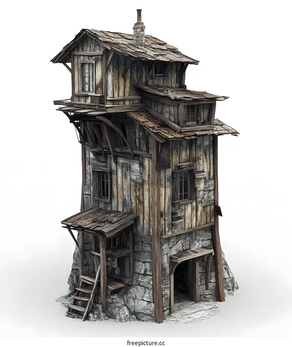 Old Wooden Tower House Isolated on White Background
