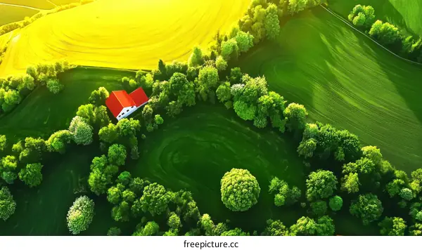 Aerial View of Lush Green Fields and a Red Roofed Farmhouse