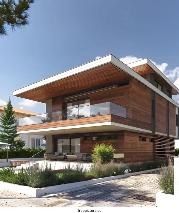 A modern two-story house with a wooden facade