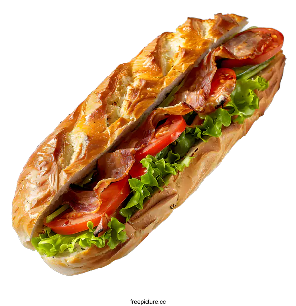[Transparent Background PNG]Delicious baguette sandwich with bacon, lettuce, and tomato
