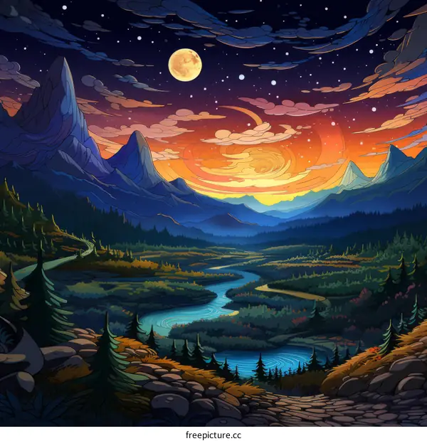 Colorful landscape with mountains, river and moon