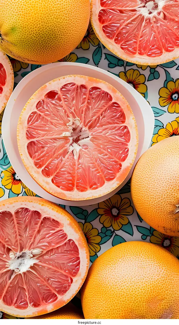 Fresh Ripe Grapefruits On Floral Tablecloth