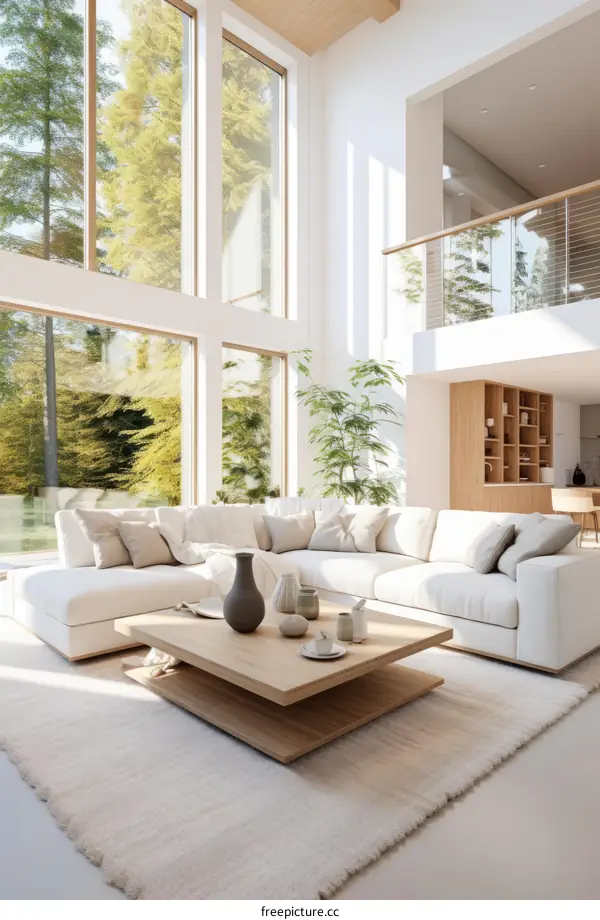 Bright and Airy Scandinavian Living Room With Trees Outside