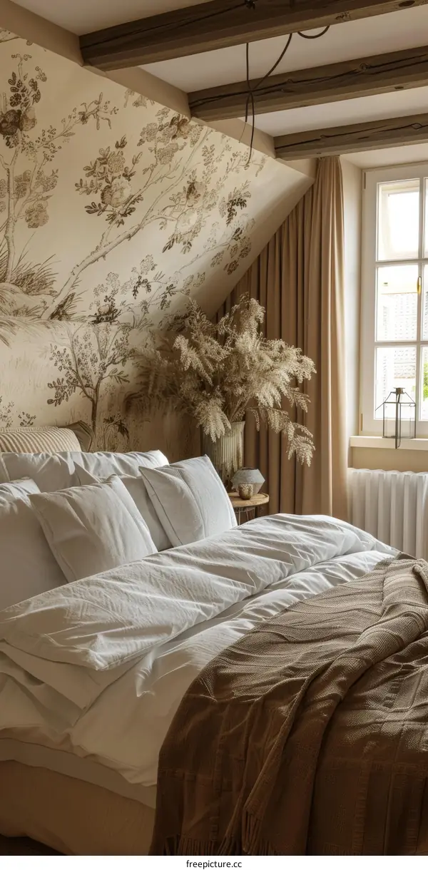 Beige Bedroom with Floral Wallpaper