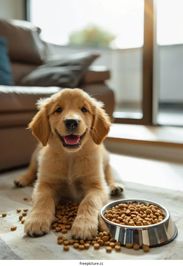 A cute golden retriever puppy is sitting on the floor in front of a bowl of food