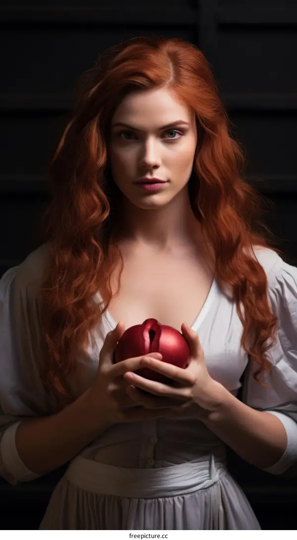 A woman with long red hair is holding a heart-shaped apple in her hands